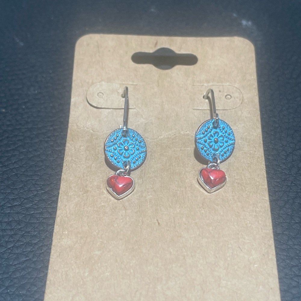 Blue Floral Earrings with Red Heart Charms